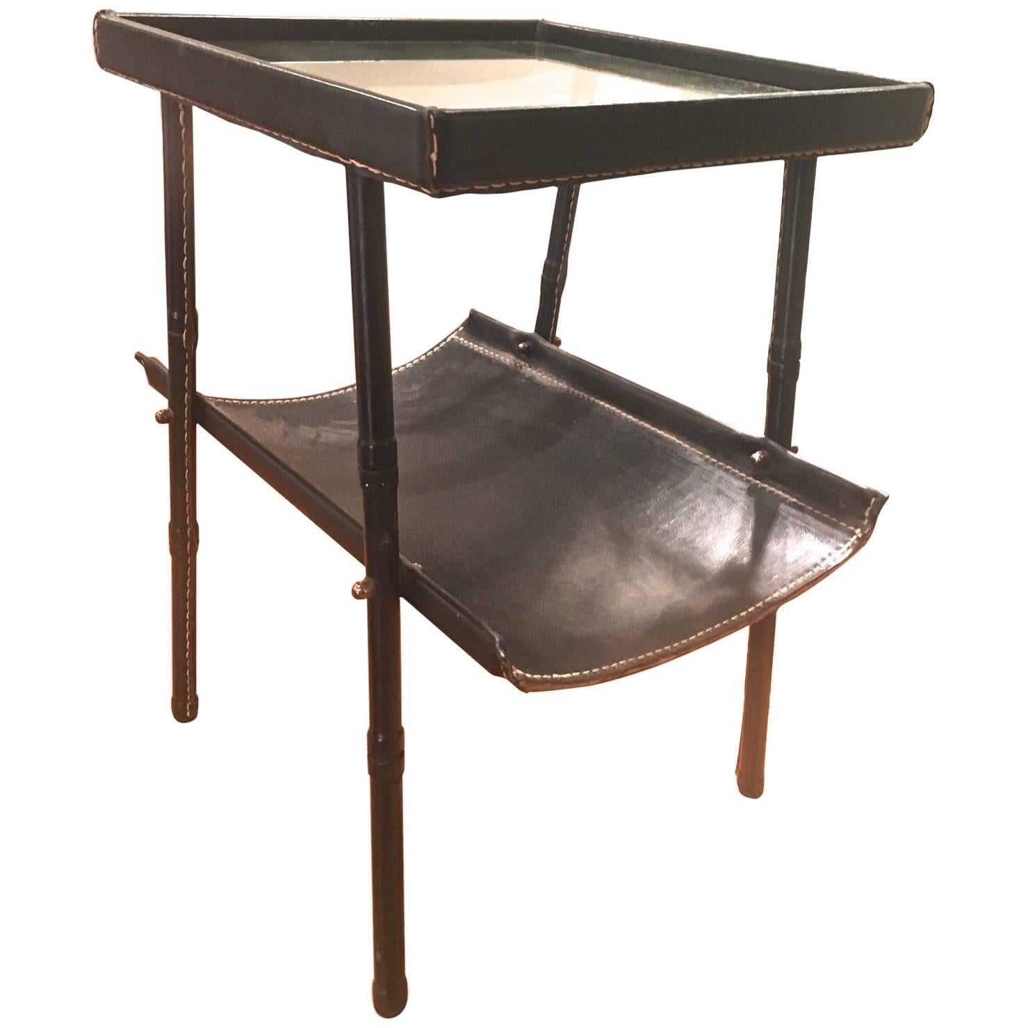 Jacques Adnet Two-Tier Side Table and Magazine Rack in Black Leather For Sale