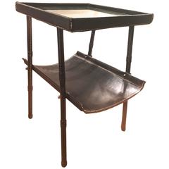 Jacques Adnet Two-Tier Side Table and Magazine Rack in Black Leather