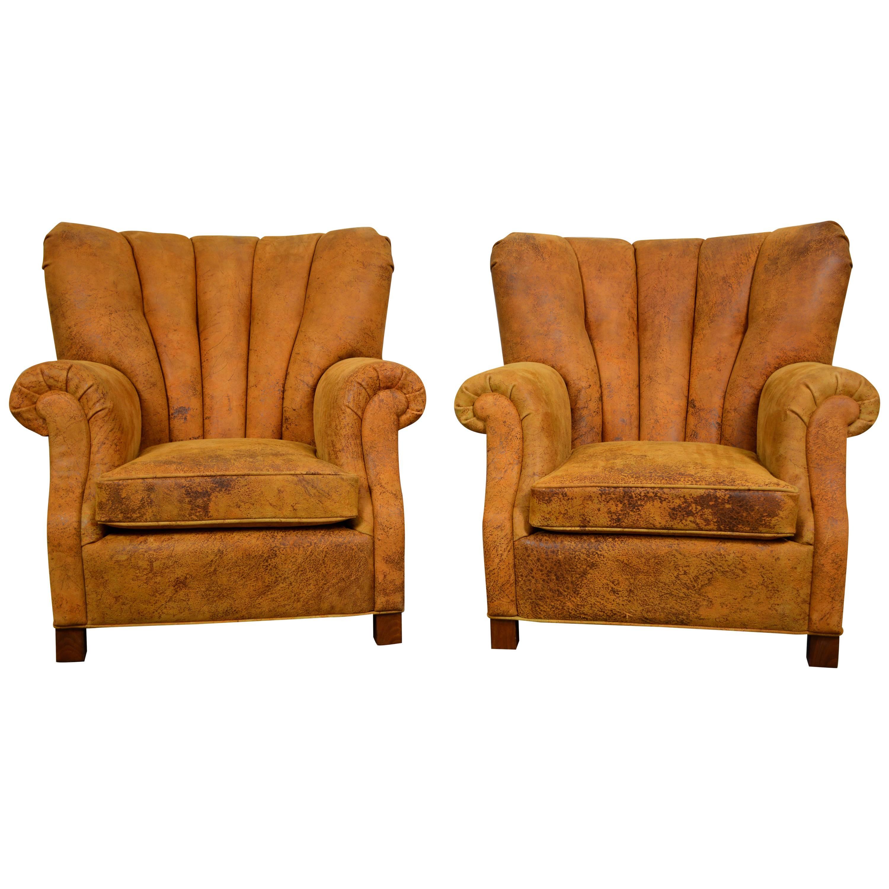 Early Rare Danish Modern Leather Channel Back Lounge Chairs by Fritz Hansen For Sale