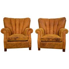 Early Rare Danish Modern Leather Channel Back Lounge Chairs by Fritz Hansen