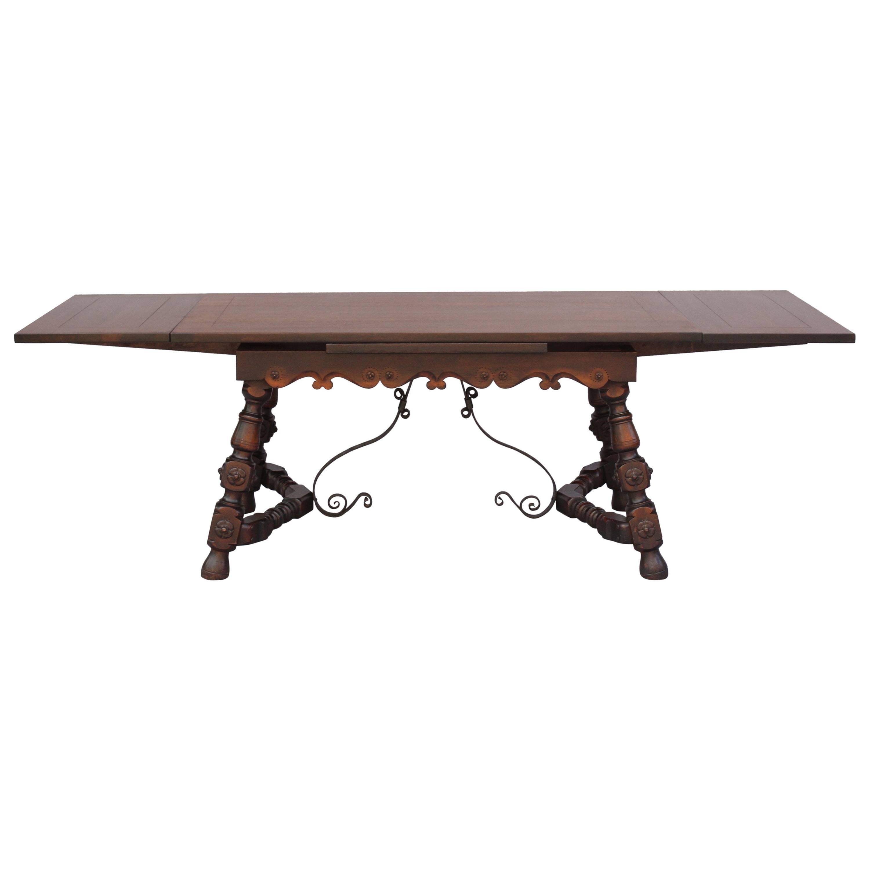 1920s Spanish Revival Trestle Dining Room Table with Extensions