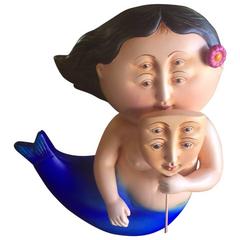 Sculpture de sirène avec masque en céramique de Sergio Bustamante