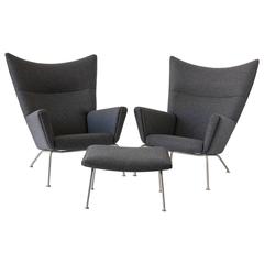 Pair of Hans Wegner CH445 Wingback Chairs with CH446 Ottoman