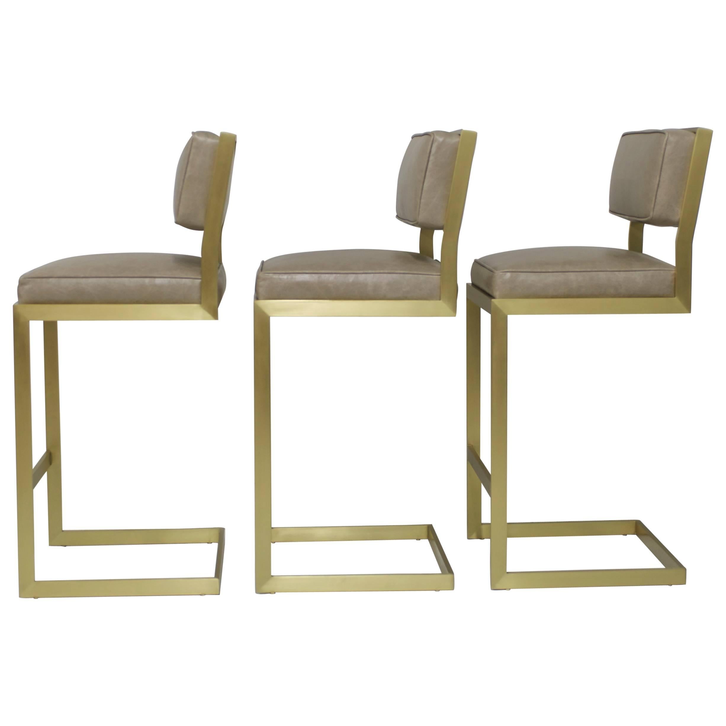 Set of Three Brushed Brass Bar Height Barstools in Leather For Sale