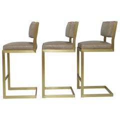 Set of Three Brushed Brass Bar Height Barstools in Leather