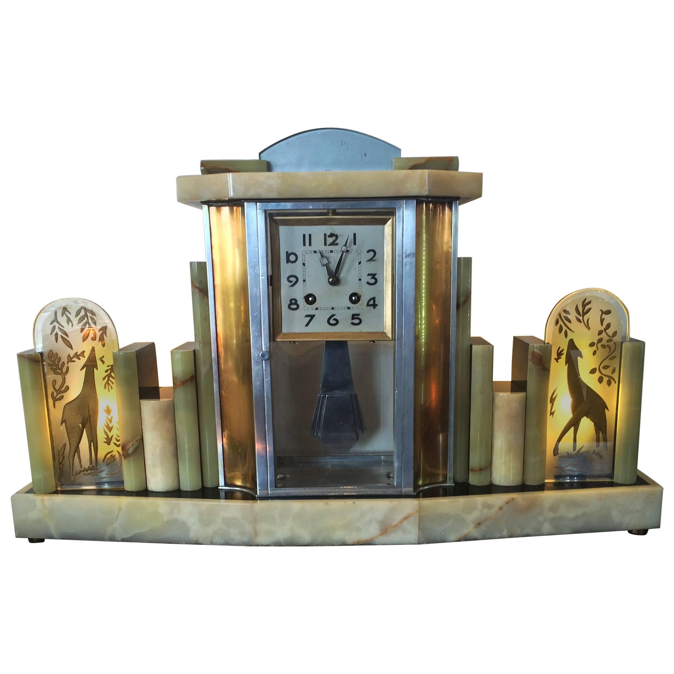 Rare Art Deco French Clock with Lamps