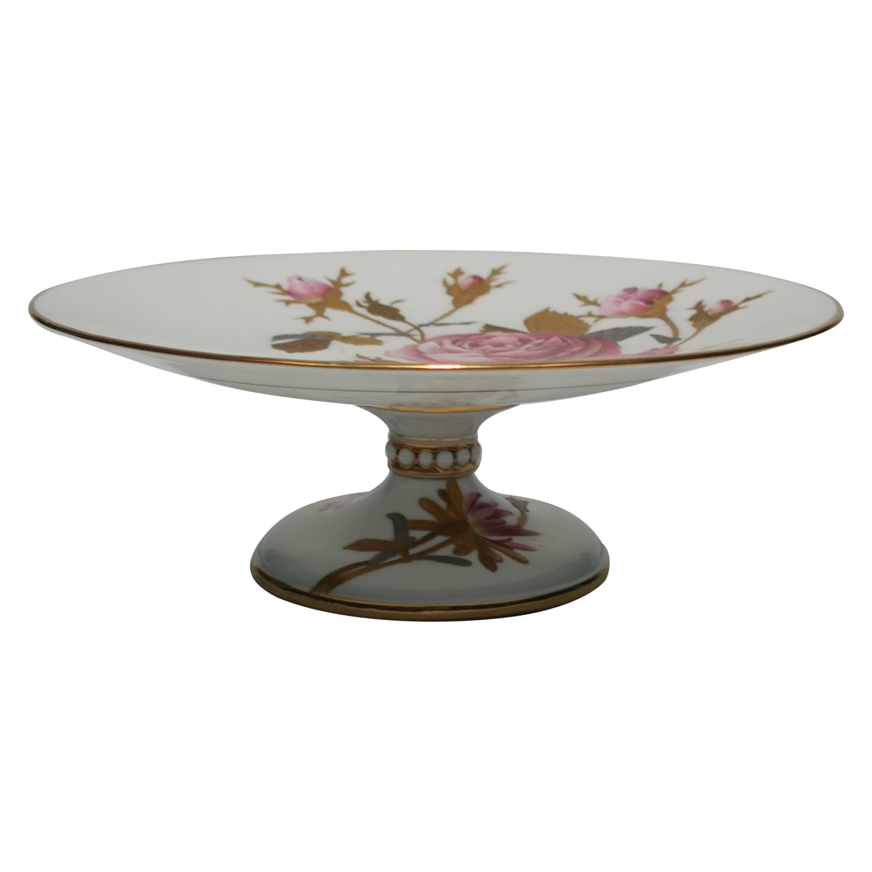 European White Porcelain Pedestal Dessert Plate with Pink Roses and Gold Leaves For Sale 3