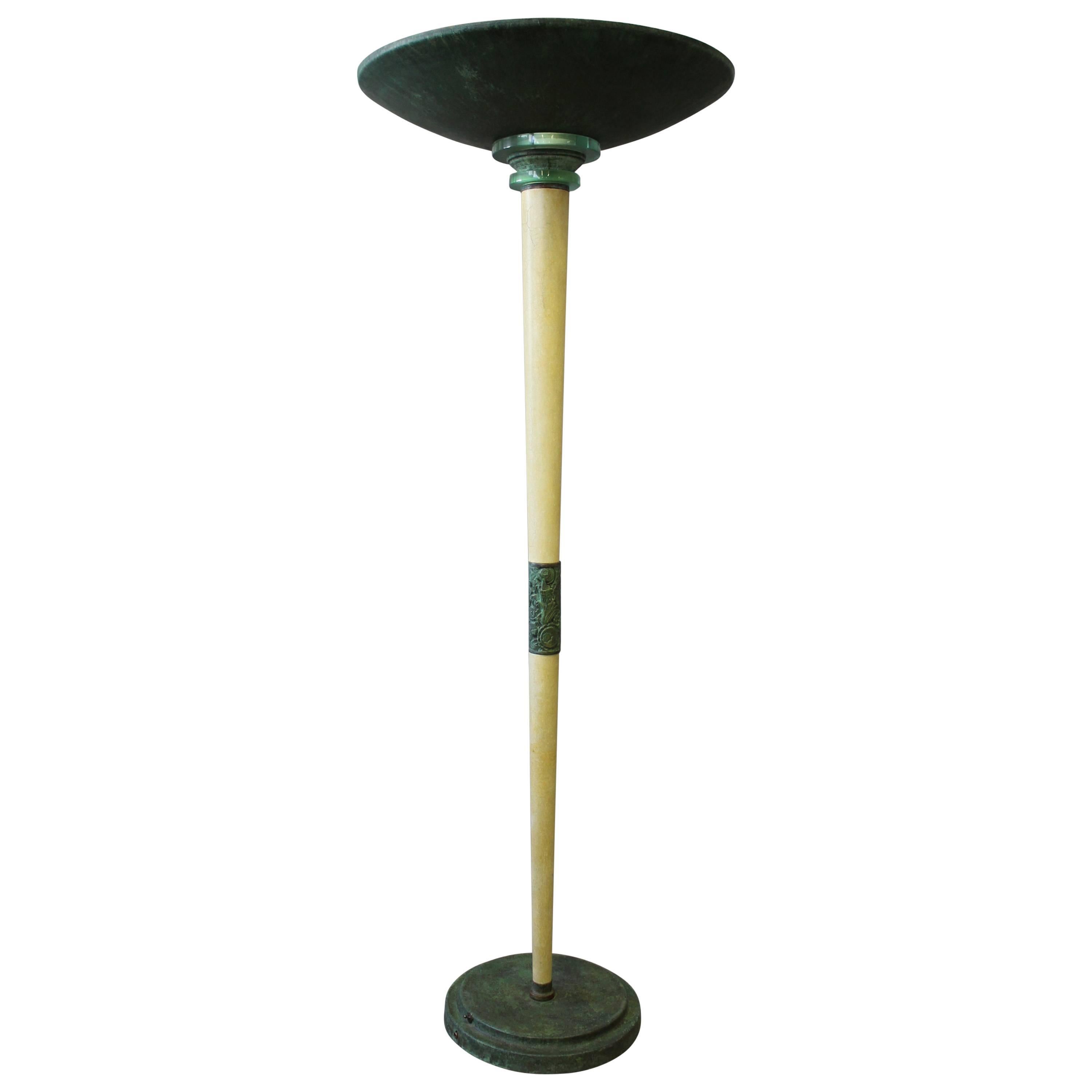 A Large Fine French Art Deco Patina-ed Wood and Metal Floor Lamp For Sale