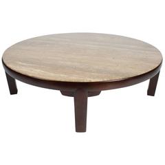 Large Edward Wormley for Dunbar Round Coffee Table with Walnut Roman Travertine 10