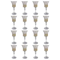 American H.C. Fry Glass Set of 16 Art Glass Wine Glasses with Gold Threads