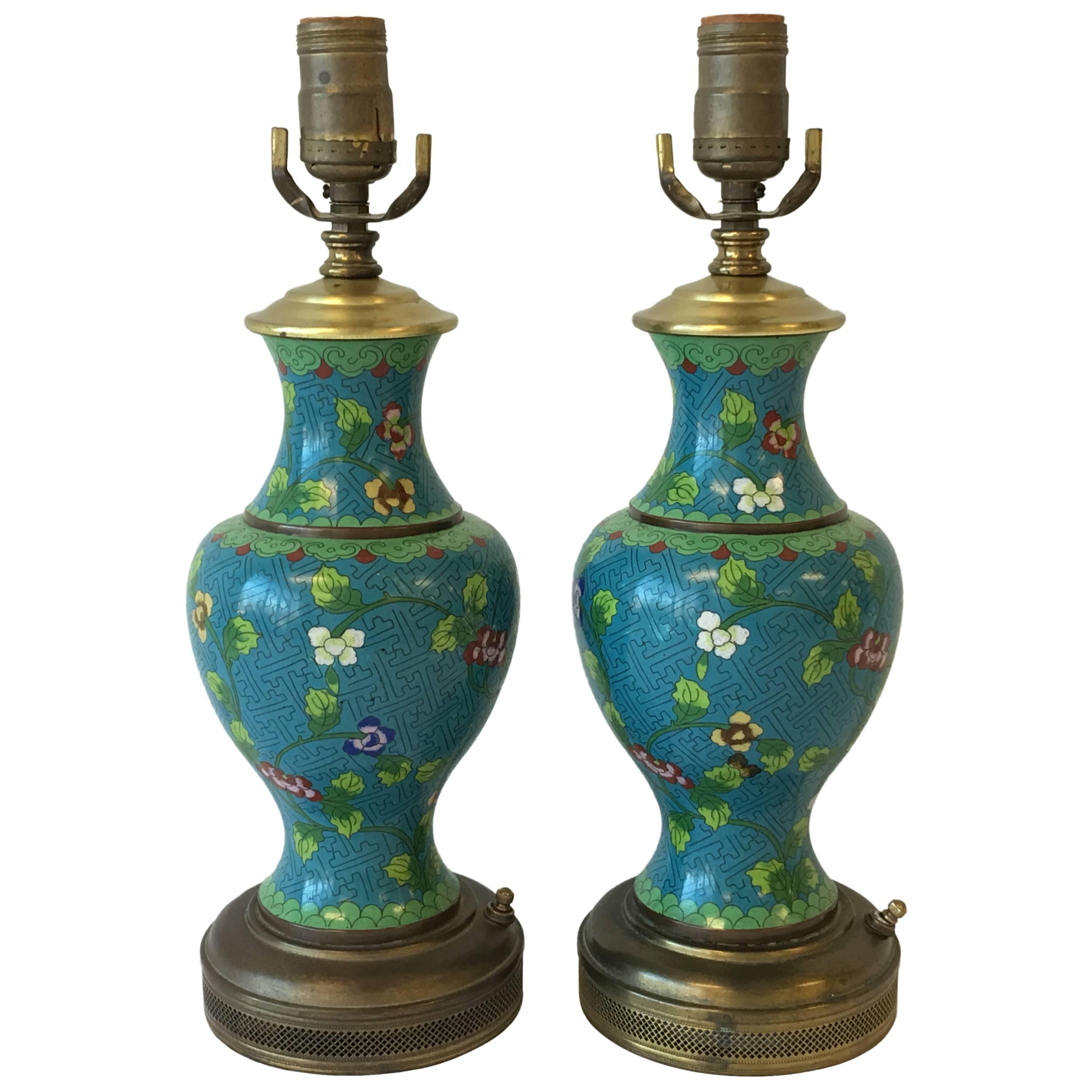 Pair of 19th Century Cloisonné with Floral Motif Lamps