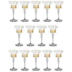 American H.C. Fry Glass Set of 14 Cordial Glasses with Gold Threads