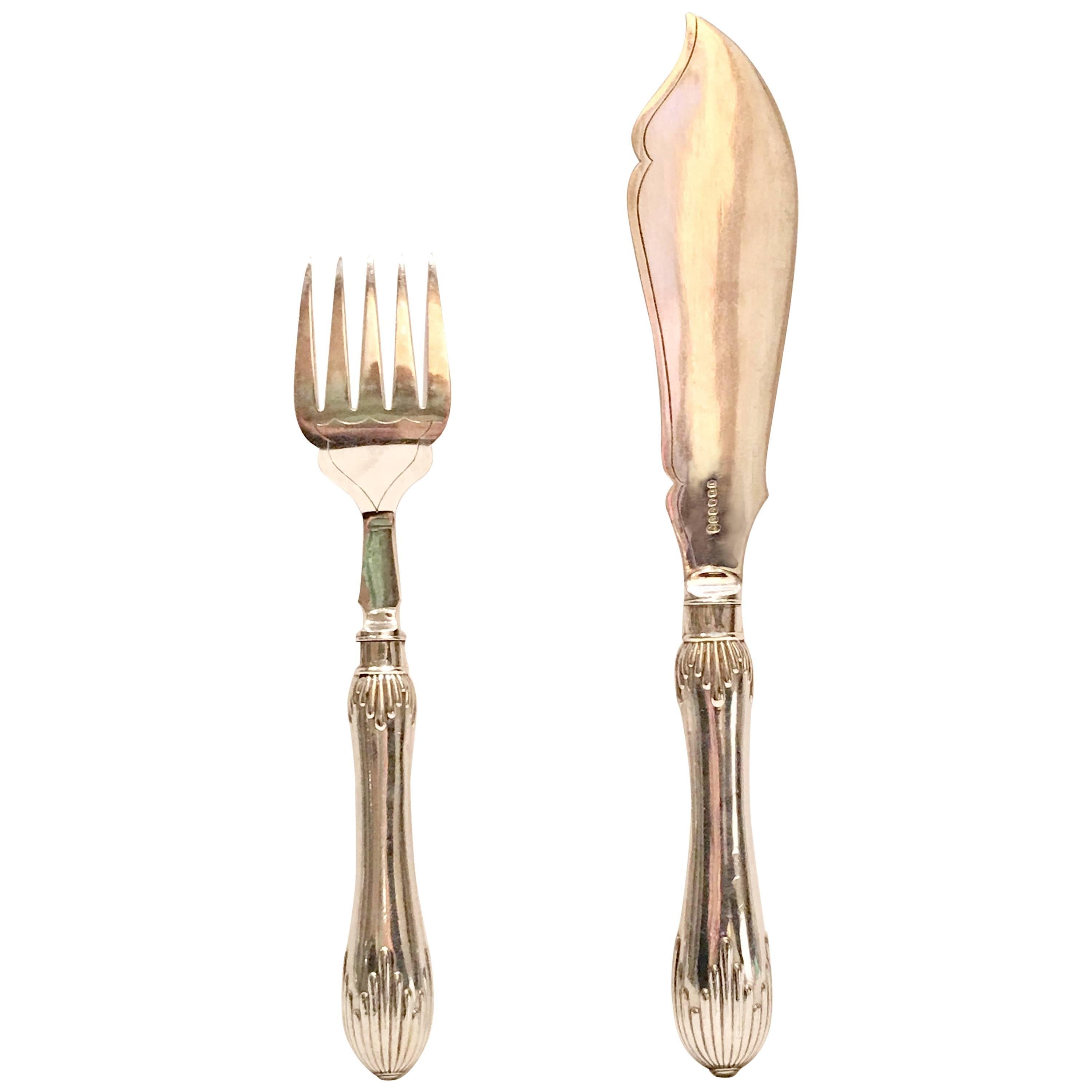 1920'S Art Deco Sheffield Silver Plate Fish Serving Fork & Knife S/2 For Sale