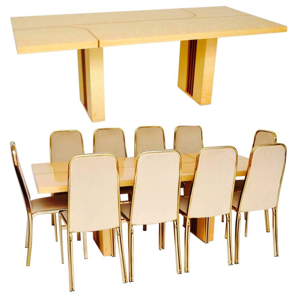Retro Italian Maple and Brass Dining Table and Chairs by Zevi Vintage, 1970s