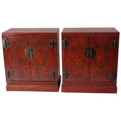 Antique Chinese Qing Dynasty 18th Century Shanxi Red Lacquer Side Cabinets Qianlong