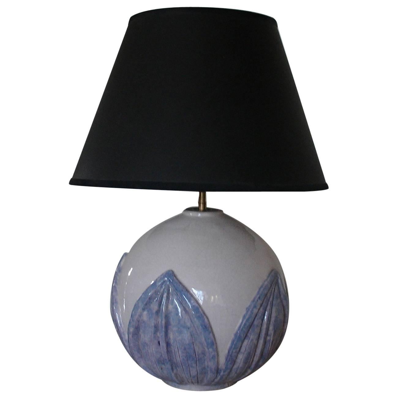 1930's French Large Ceramic Lamp, White and Blue Crackled Glazed signed Wibaux For Sale