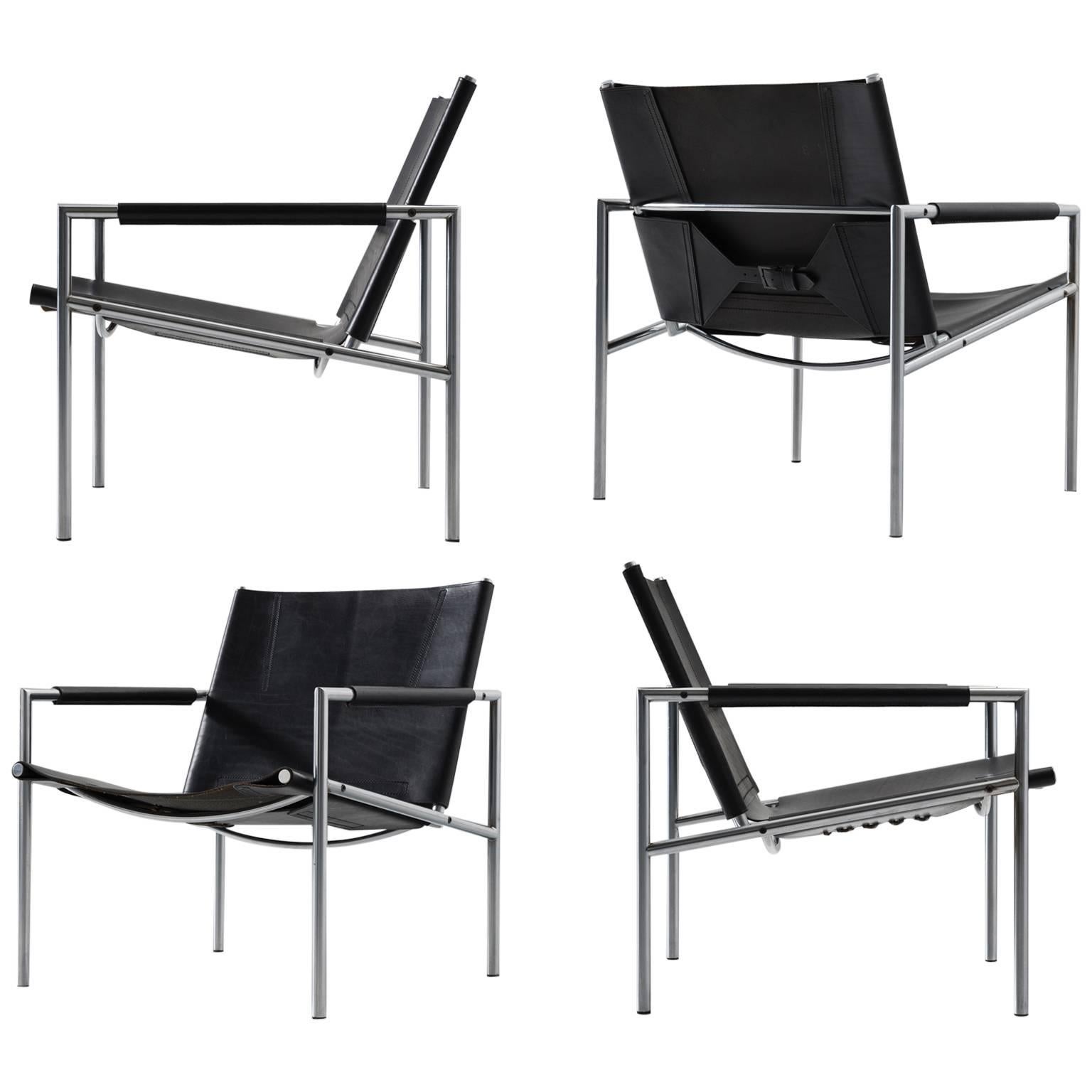 Martin Visser Set of four Easy Chairs in Steel and Black Leather for T-Spectrum
