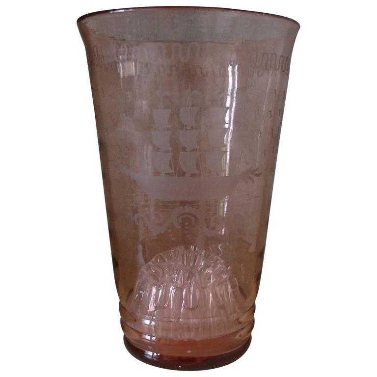 Tall Pink 1920s Glass Vase with Hand Etched/Engraved Ships Detail For