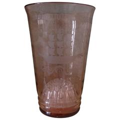 Tall Pink 1920s Glass Vase with Hand Etched/Engraved Ships Detail