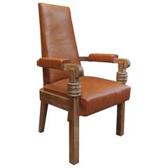 Charles Dudouyt Leather and Oak French Armchair, circa 1940 2