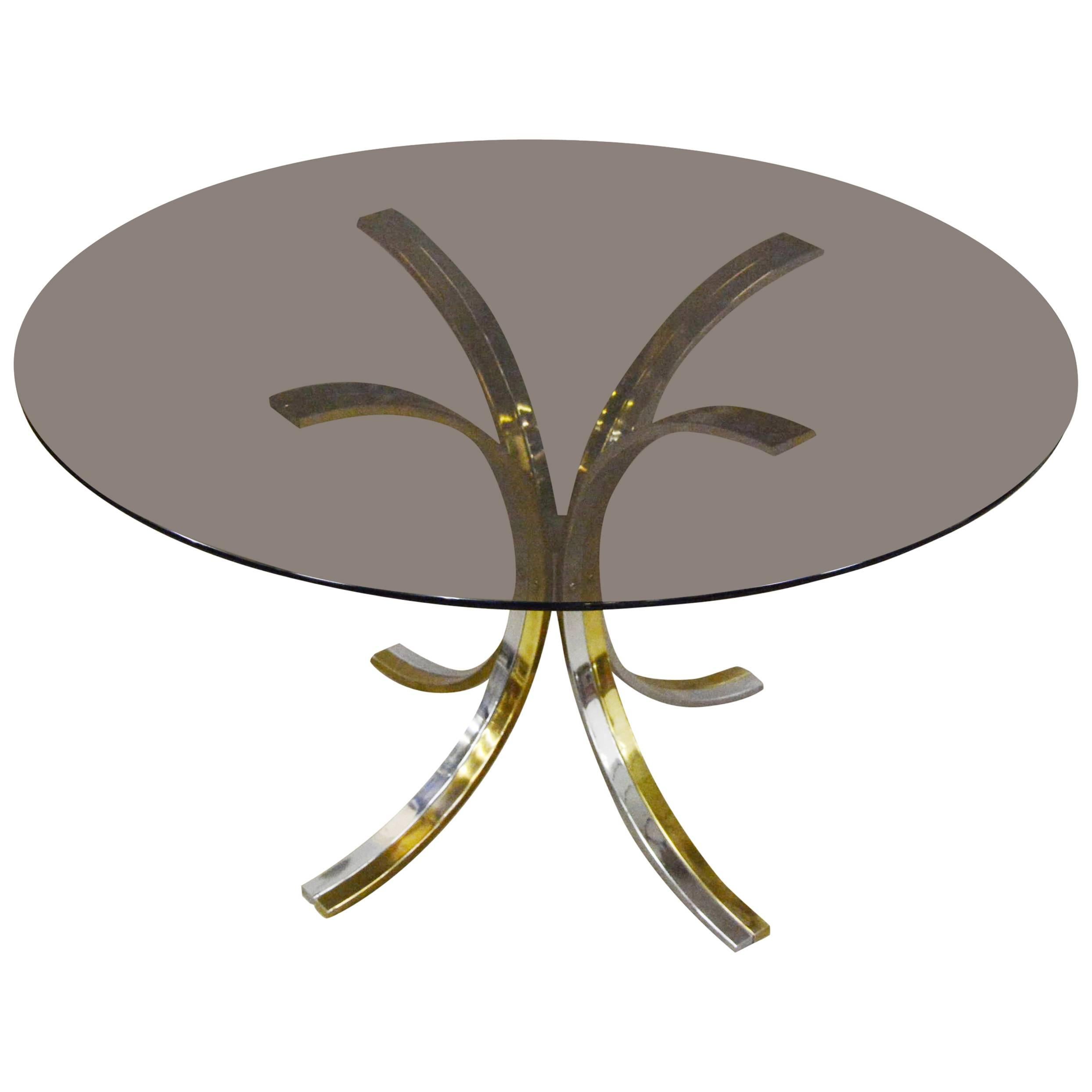 Romeo Rega, Chrome, Brass and Tinted Glass Dining Room Table, Italy, 1970