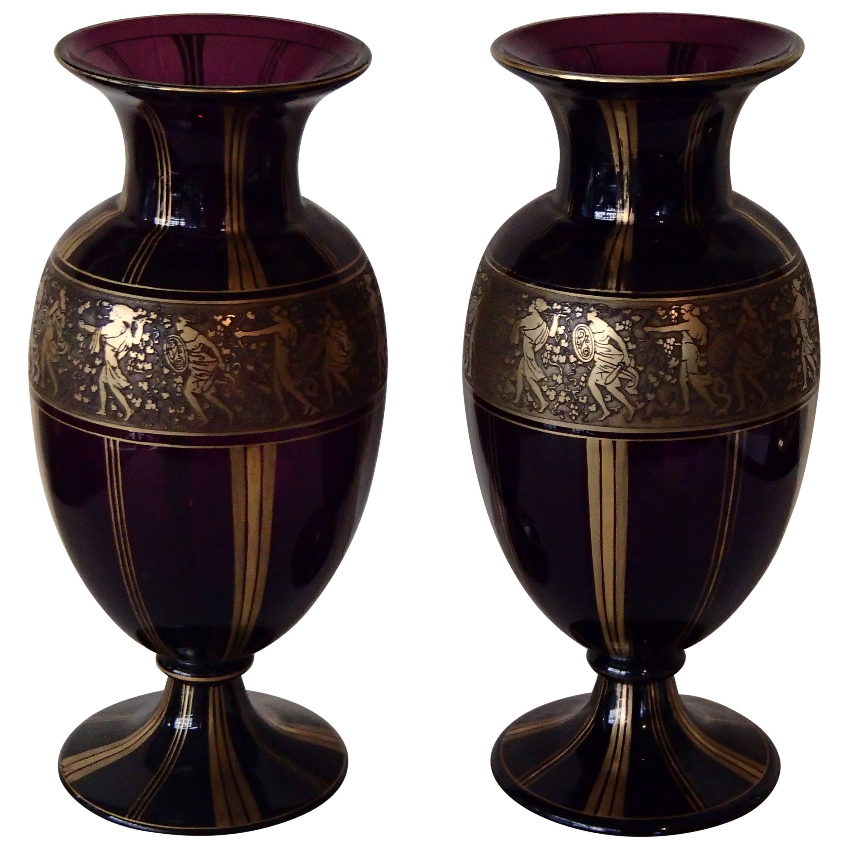 Pair of Huge Ludwig Moser Karlsbad Vases with Gold Mythological Motives For Sale