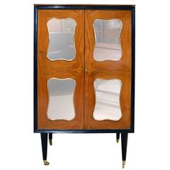 1940s Wooden Bar Cabinet on Wheels Internally Lighted and Mirrored