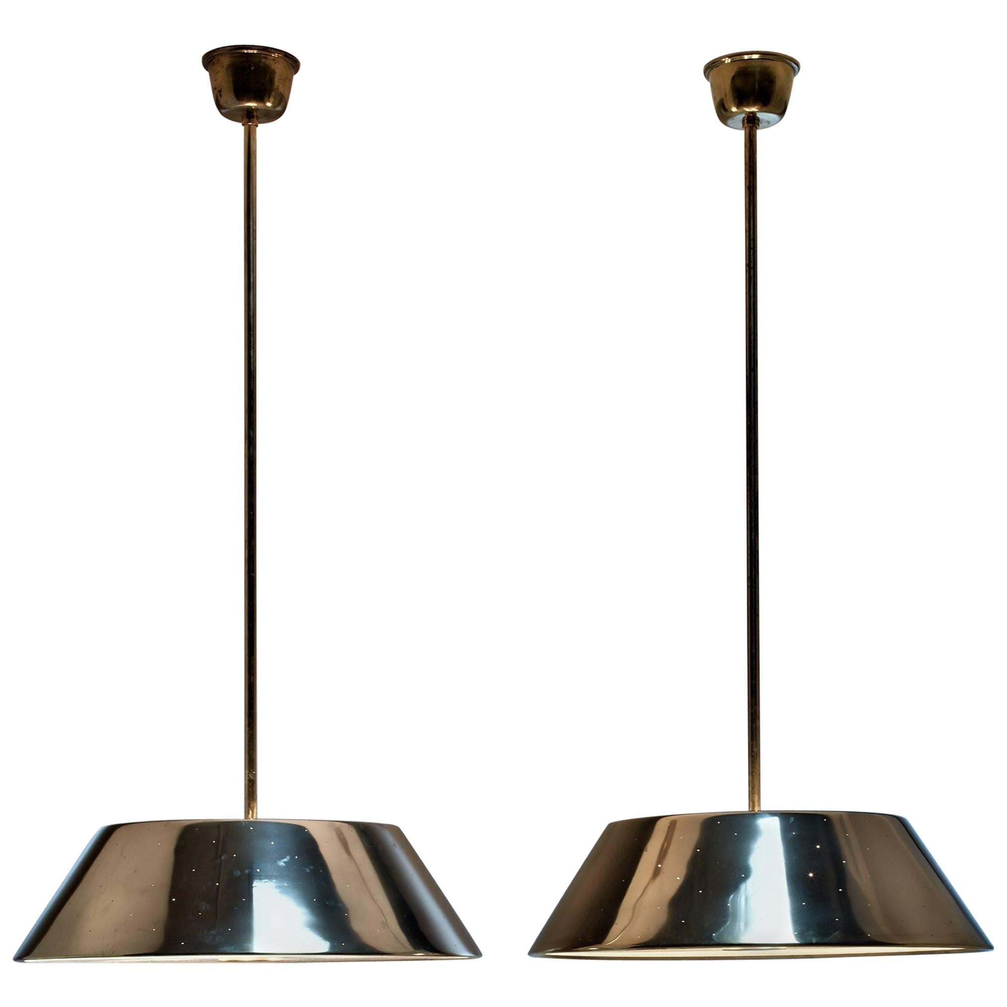 Pair of Large Paavo Tynell Brass Pendants, Finland, 1950s For Sale