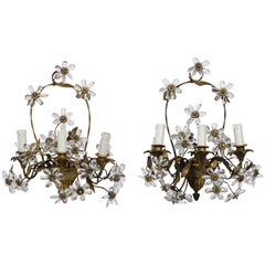 Pair of French Bronze Basket Form Sconces with Crystal Flowers