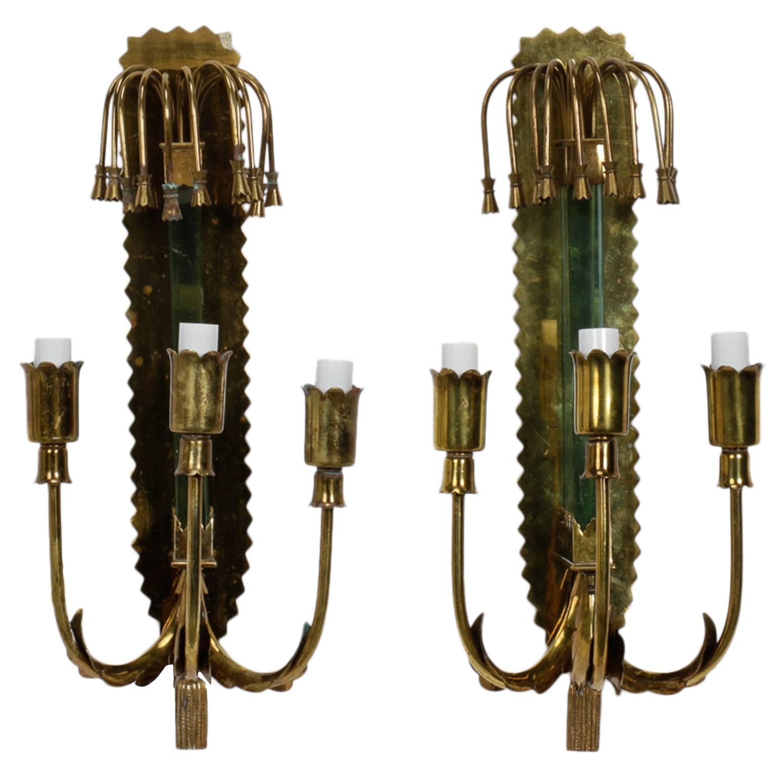 Mid-Century Brass and Glass Three-Light Sconces in Manner of Stilnovo