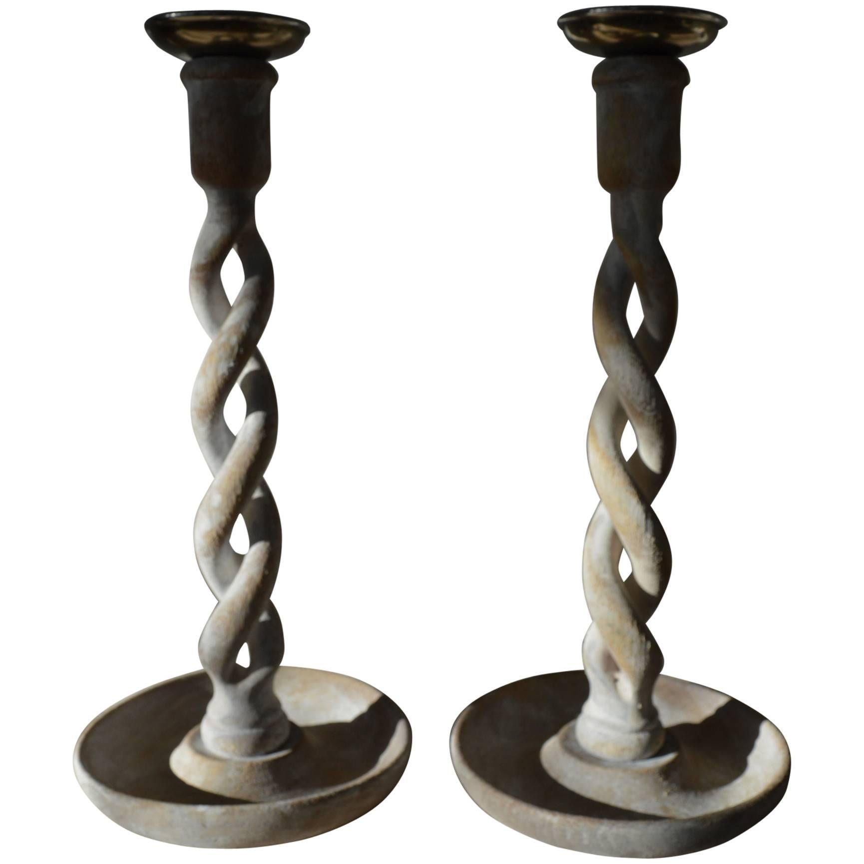 Pair of Antique Limed Oak Open Twisted Candlesticks. English, circa 1920
