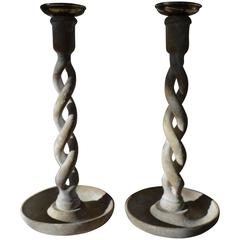 Pair of Antique Limed Oak Open Twisted Candlesticks. English, circa 1920