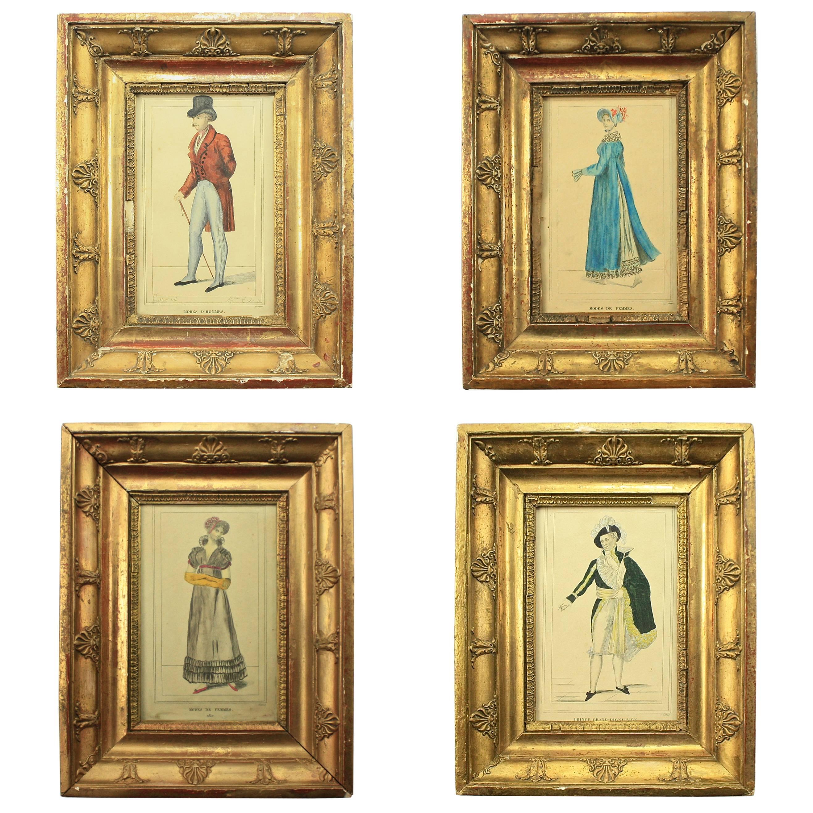 Set of Four Giltwood Framed and Hand Coloured Fashion Plates, France, 1810 