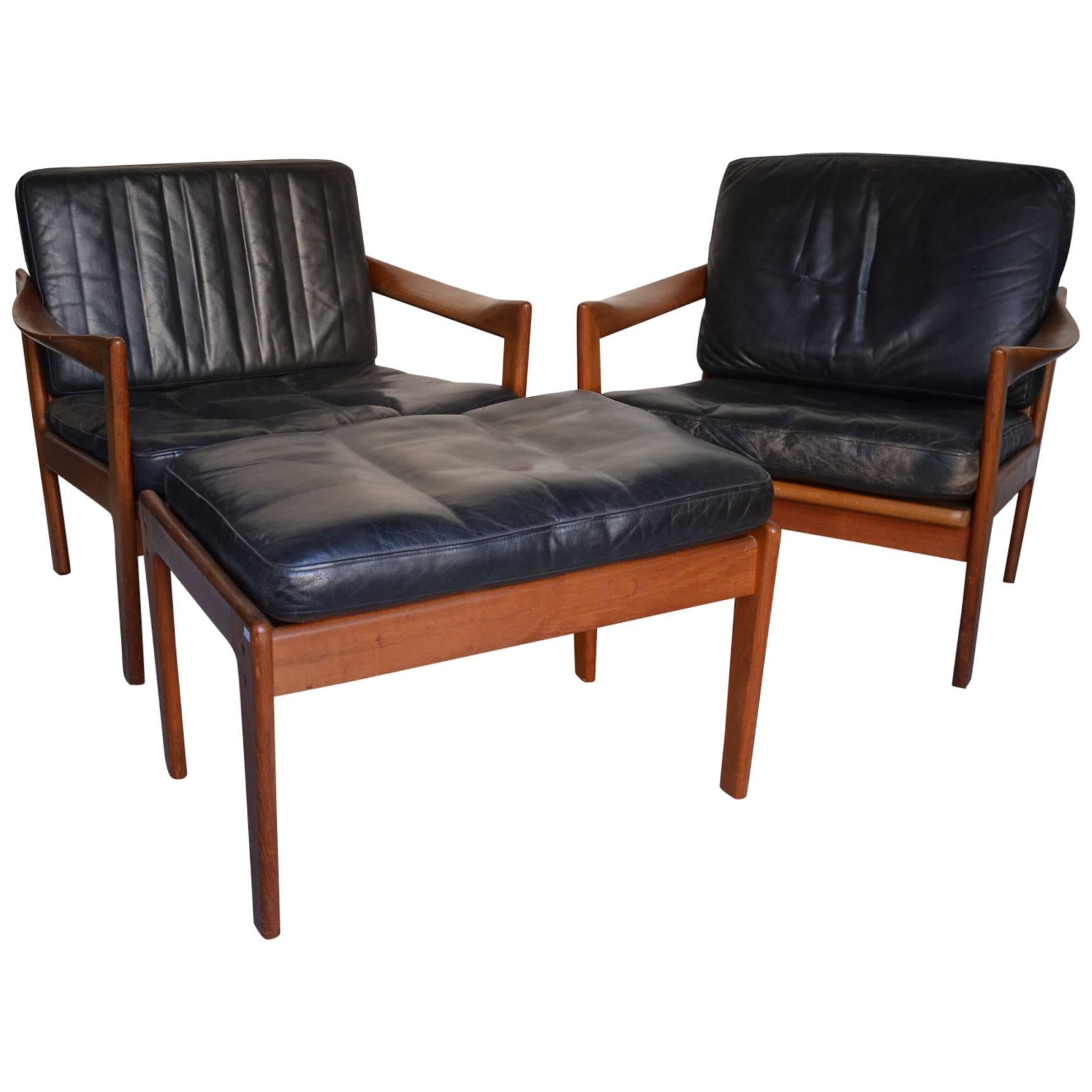 Beautiful Set of Danish Black Leather Two Armchairs and Footstool, circa 1950