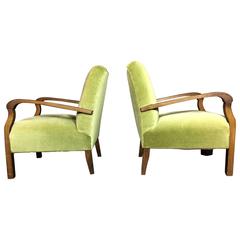Pair of Danish 1940s Solid Walnut Armchairs with Green Mohair Upholstery