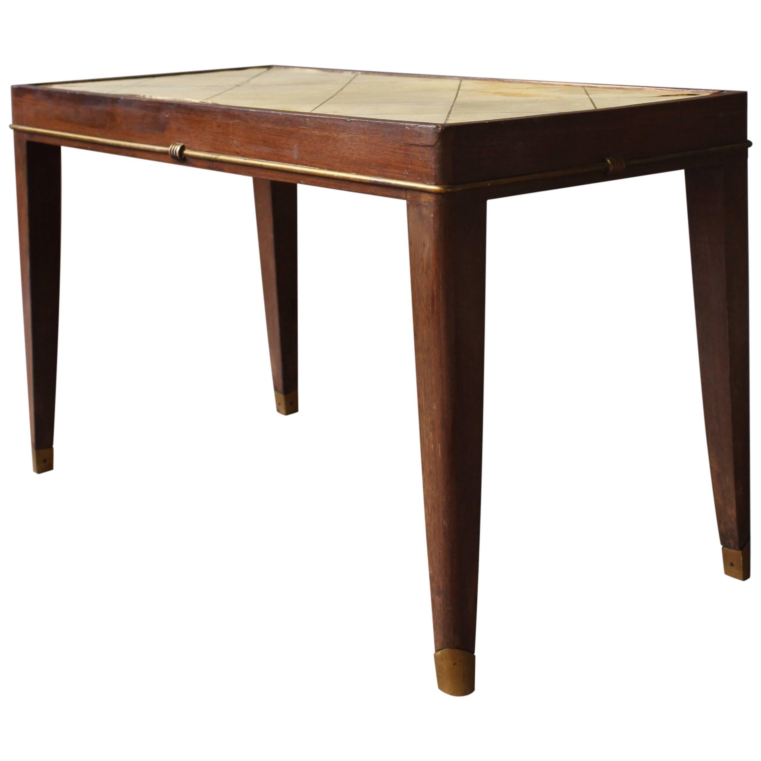 Fine French Art Deco Mahogany Low Table with a Parchment Top and Bronze Detail For Sale