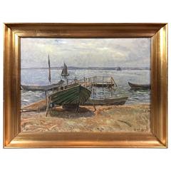 Olaf Viggo Peter Langer, Coastal Scene with Boats, Dated 1916, Danish 1