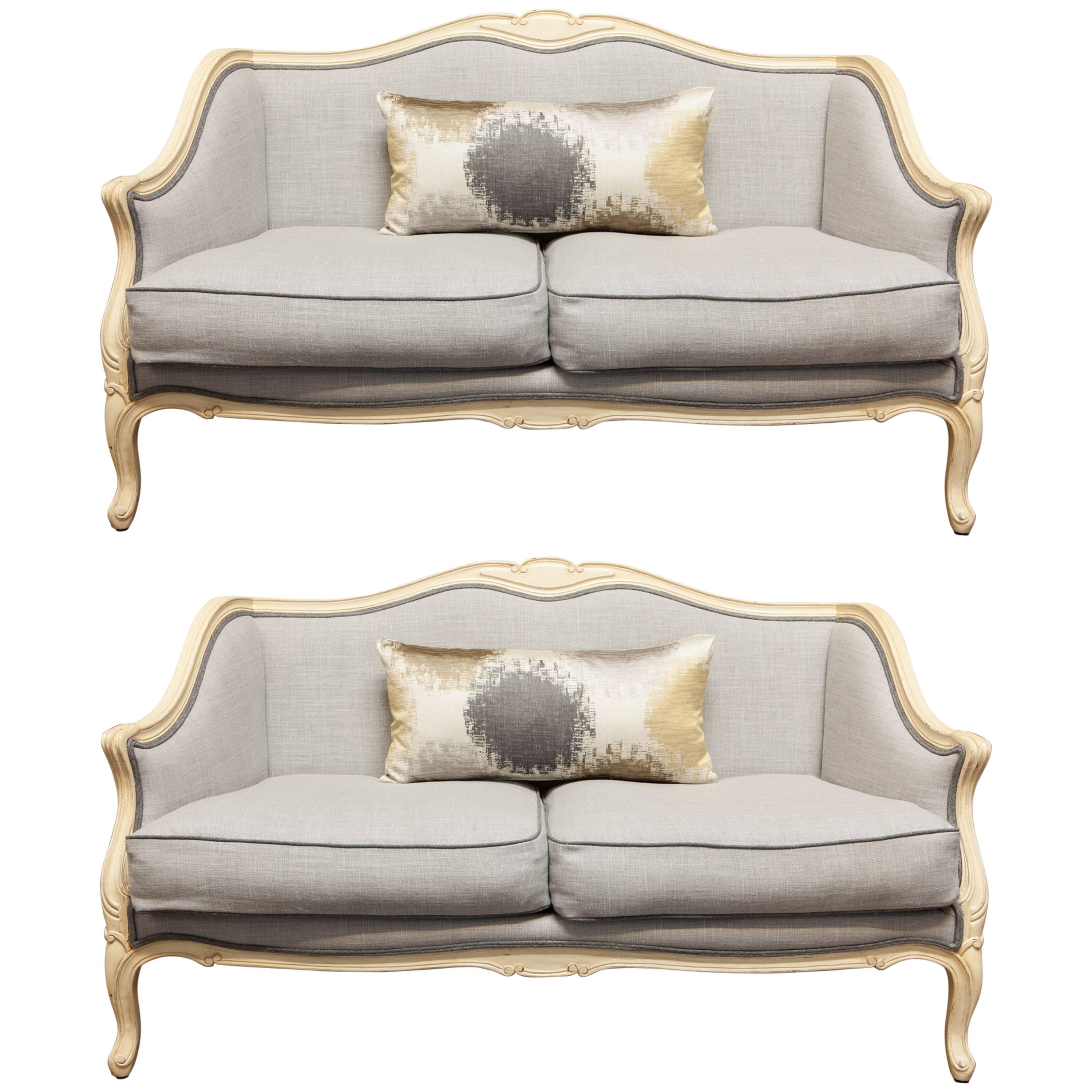 Pair of Louis XV Style Painted Settees in Organic Linen