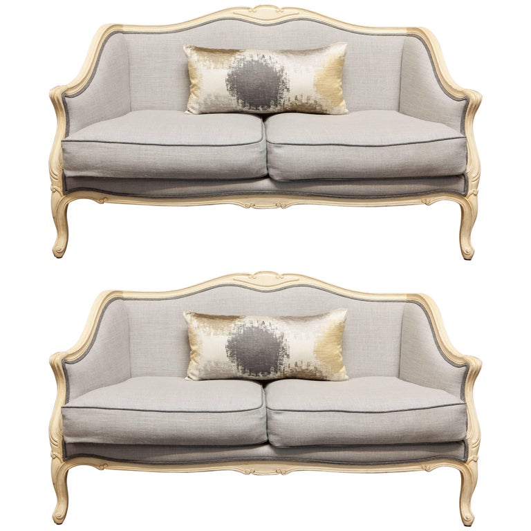 Pair of Louis XV Style Painted Settees in Organic Linen at 1stDibs