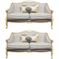 Pair of Louis XV Style Painted Settees in Organic Linen 7