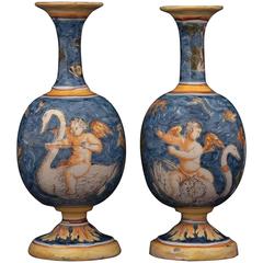 Antique Pair of Nevers Faience Vases of 17th Century
