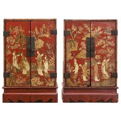 Pair of Edo Period Japanese Red Lacquer Table Cabinets