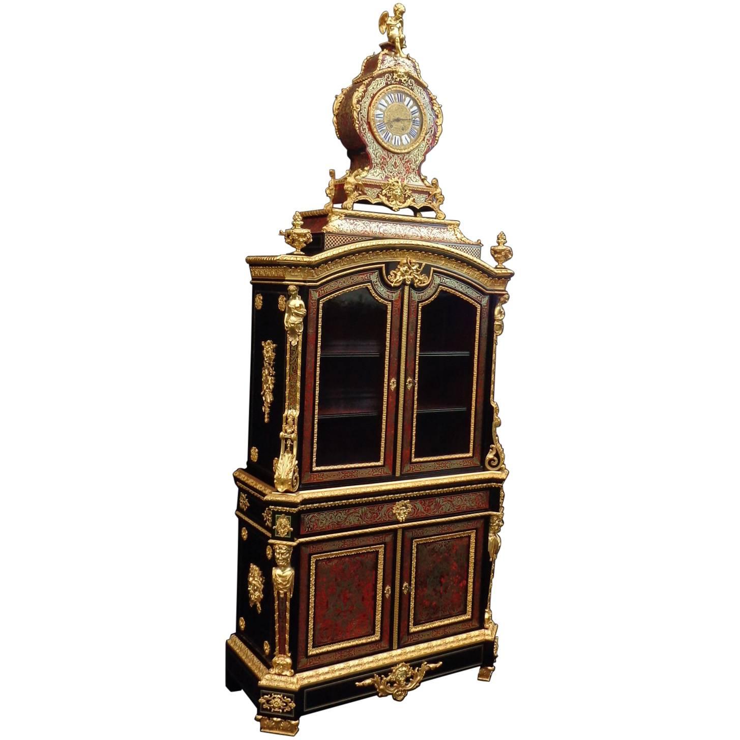 Cabinet Secretary with Clock in Boulle Marquetry, 19th Century, Napoleon III For Sale