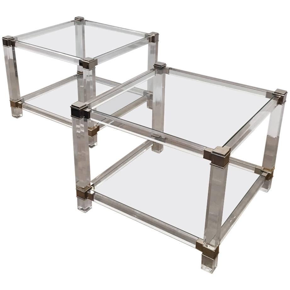 Pair of French Chrome and Lucite End Tables For Sale