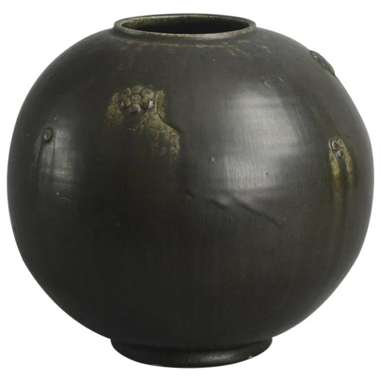 Large Round Vase with Black Haresfur Glaze by Arne Bang, Denmark, 1930s