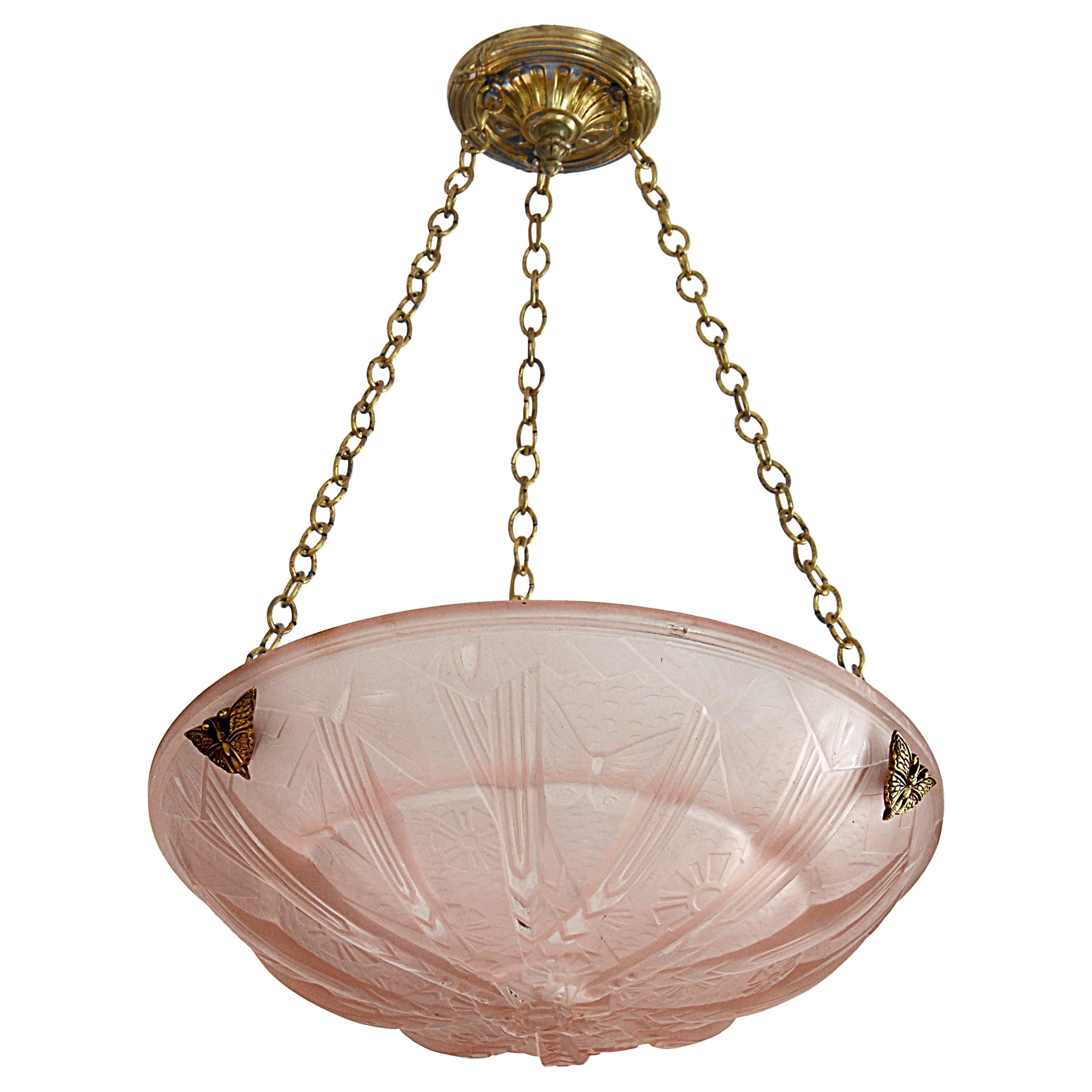 Muller Freres French Art Deco Butterfly Pendant Chandelier, 1925