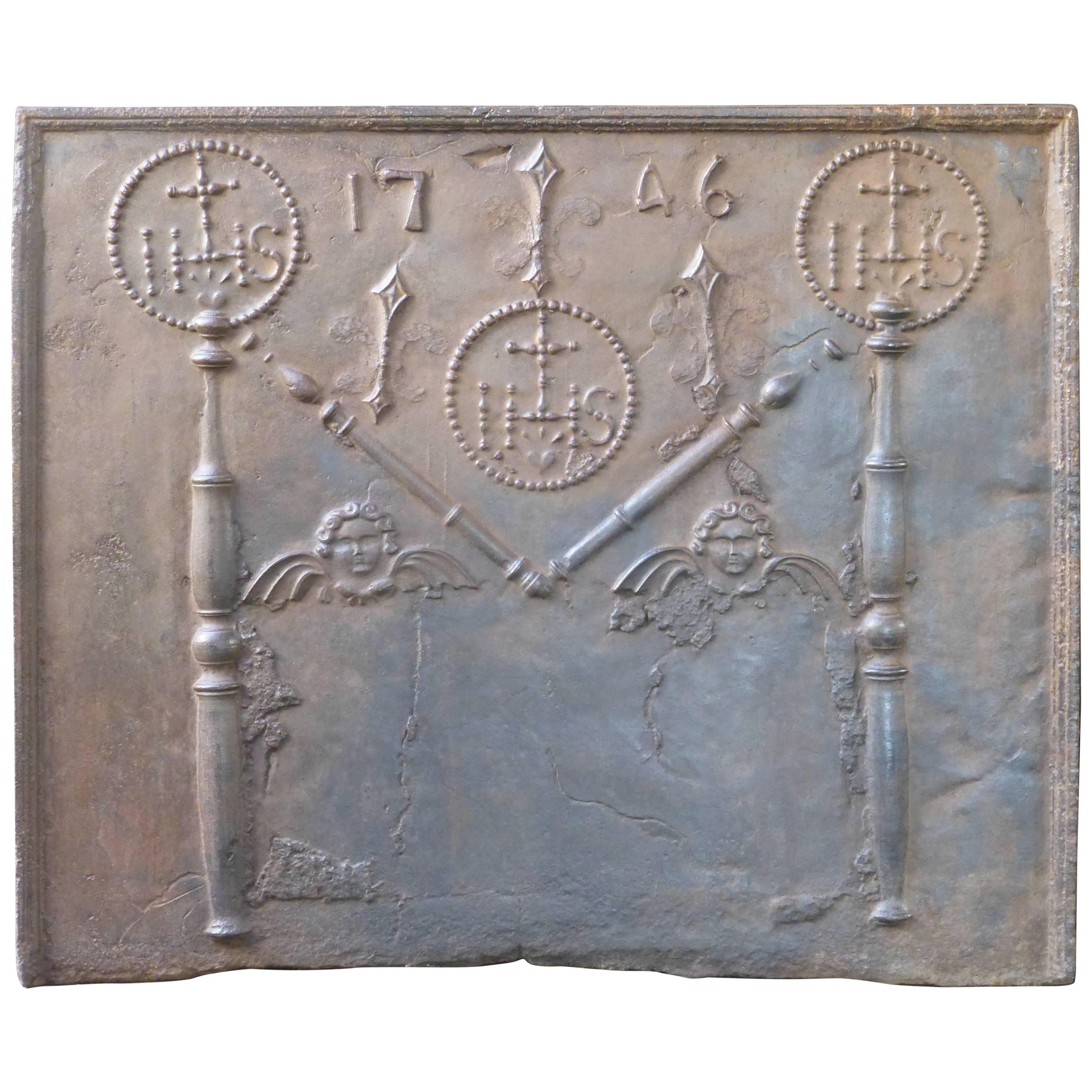 18th Century Pillars with Medieval IHS Monogram Fireback / Backsplash For Sale