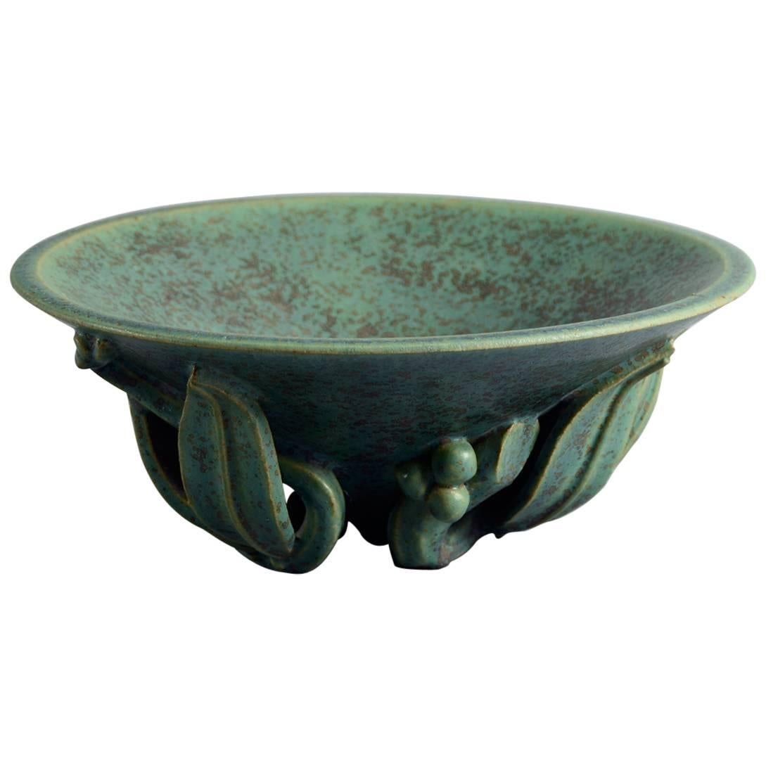 Stoneware Bowl with Sculptural Base and Green Glaze by Arne Bang, Denmark, 1930s For Sale
