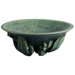 Stoneware Bowl with Sculptural Base and Green Glaze by Arne Bang, Denmark, 1930s 7