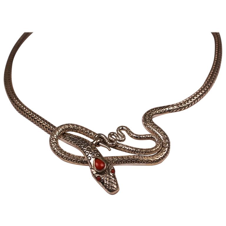 Sterling Silver and Coral Snake Necklace at 1stdibs